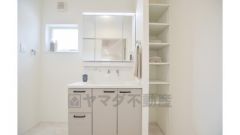 三面鏡タイプの洗面台、収納棚完備