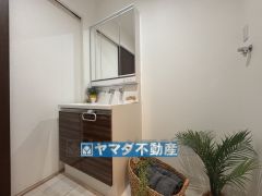 三面鏡タイプの洗面台、お天気に左右されず洗濯物が干せます。