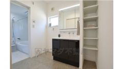 三面鏡タイプの洗面台横には可動式の収納棚