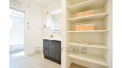 三面鏡タイプの洗面台、タオルや洗剤など収納できる可動式の収納棚