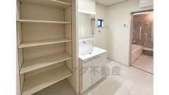 洗面所には便利な可動式の収納棚完備